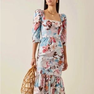 NWT Cara Cara Busy Puff-Sleeve Midi-Dress Japanese Floral blue